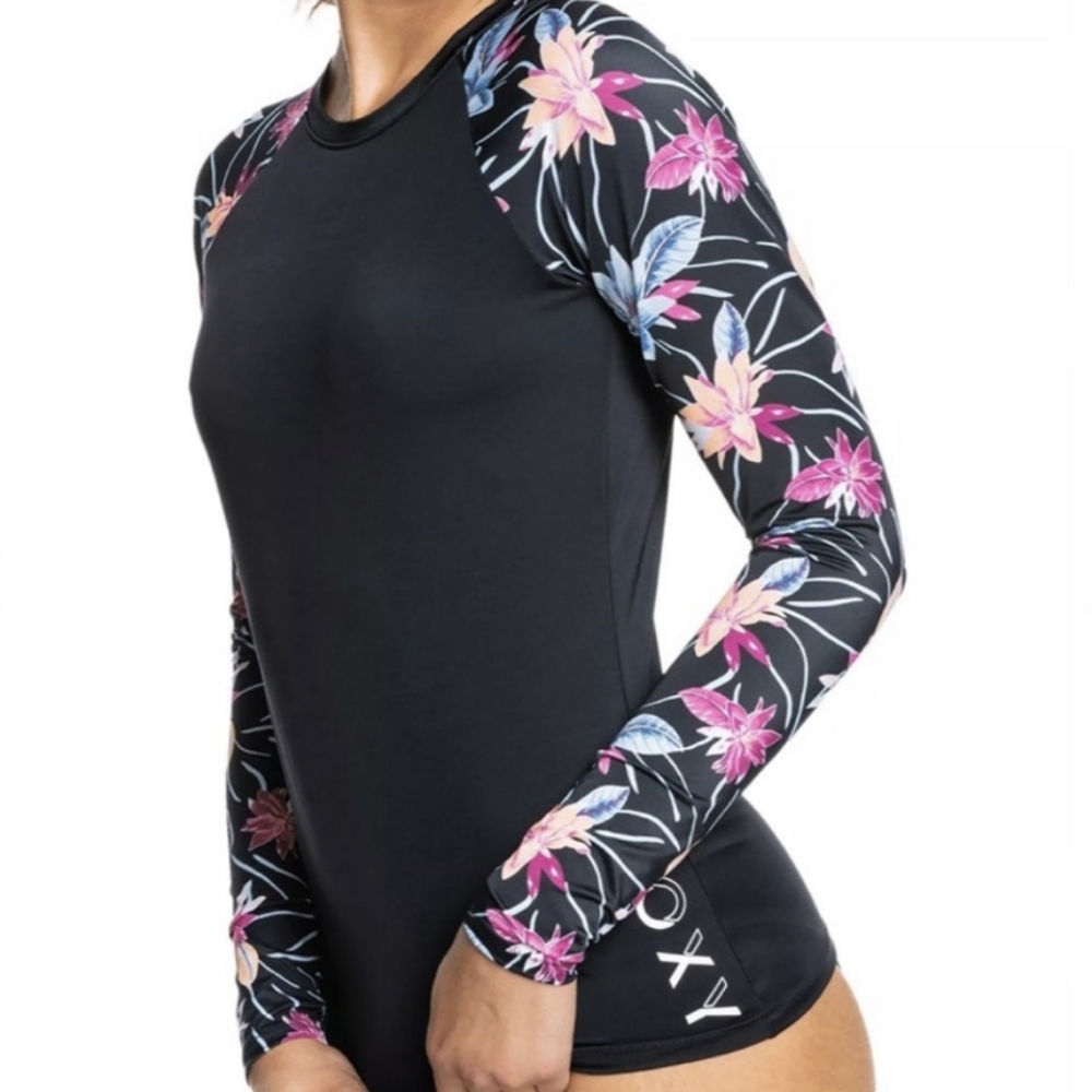 NWT Roxy active black floral lycra rashguard top Sz.S